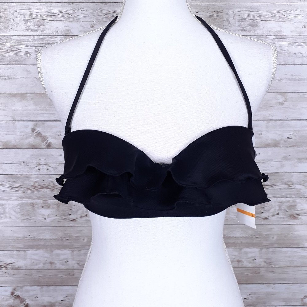 California Waves Bikini Top S Black Ruffles Swim Suit 131A